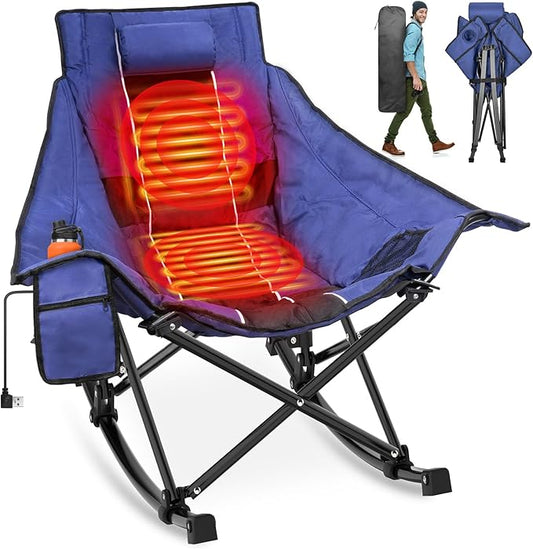 Suteck Heated Rocking Camping Chair - Fully Thicker Padded Heated Chairs for Outdoor Sports W/3 Heat Levels for Back & Seat, Heated Folding Chair for Adults with Carry Bag- Battery NOT Included