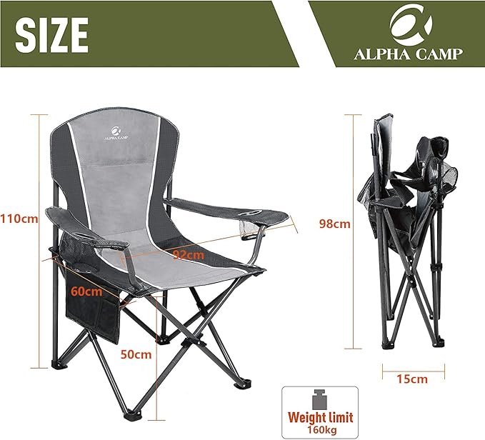 ALPHA CAMP Oversized Camping Folding Chair - Heavy Duty Steel Frame Support 350 LBS, Collapsible Padded Arm With Cup Holder, Quad Lumbar Back, Portable for Outdoor/Indoor