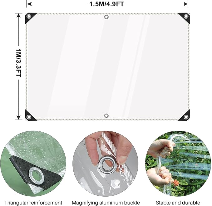 Clear Tarps Heavy Duty Waterproof, 15Mil Transparent PVC Vinyl Tarpaulin with Grommets, Ropes, Reinforced Edge, Tear-Resistant, Anti-UV for Greenhouse, Patio, Garden, Porch, Pavilion, Outdoor