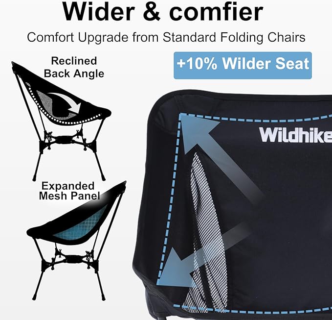 Wildhiker Portable Compact Folding Camping Chairs – Lightweight, Easy to Pack, Wider Seat Surface with Side Pocket – for Lawn, Backpacking, Motorycling, Hiking,Travel, Outdoor Festivals