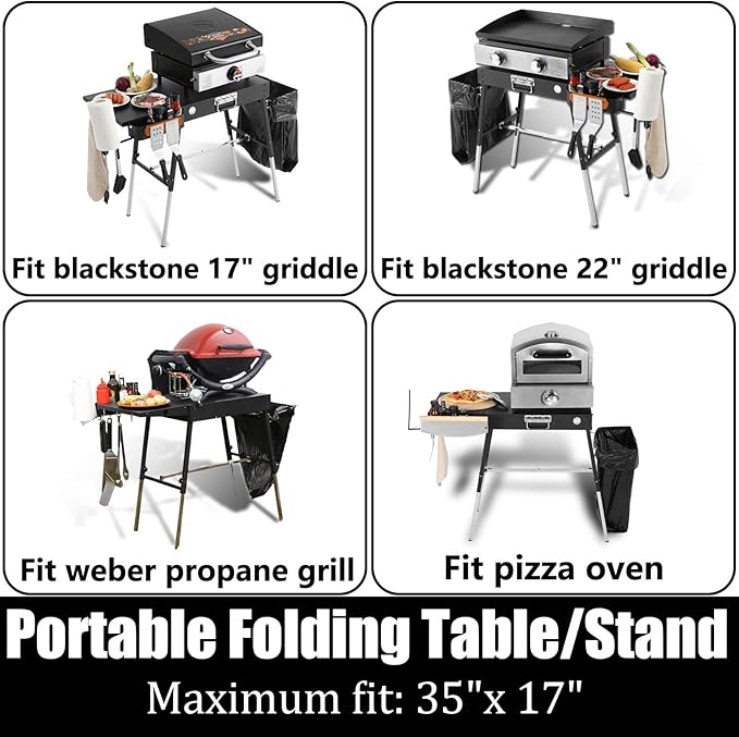 Portable Outdoor Grill Stand, Adjustable Height Folding Table Made to fit 17” or 22” Blackstone Griddle, 35"W x 17"D Kitchen Cooking Prep BBQ Stand, Pizza Oven Stand for Ninia Grill（Black）