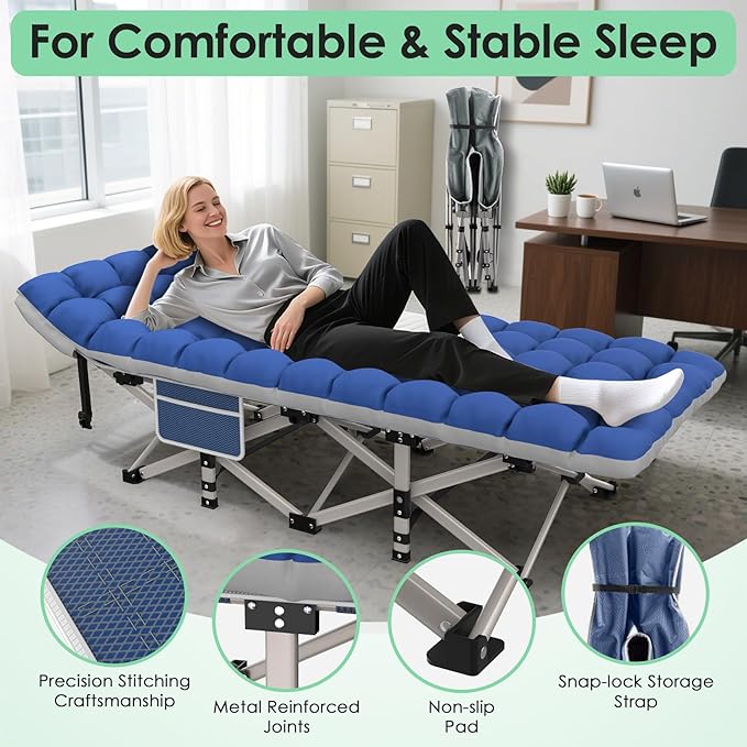 Suteck Camping Cot, Folding Camping Cot Bed for Adults Sleeping 1200D Double Layer Oxford Portable Folding Outdoor Cots for Camping W/Soft Pad Carry Bag for Home Office Nap Beach Travel, 500LBS,Blue