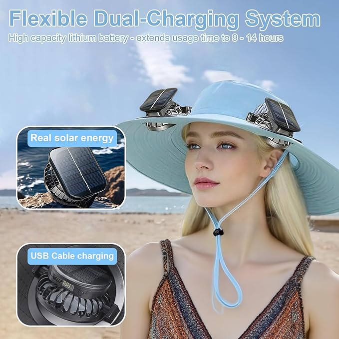 Outdoor Wide Brim Sun Hat with 2 Solar Powered Fan, Bucket Hat for Men Women, Fishing, Gardening & Beach Hat for Men