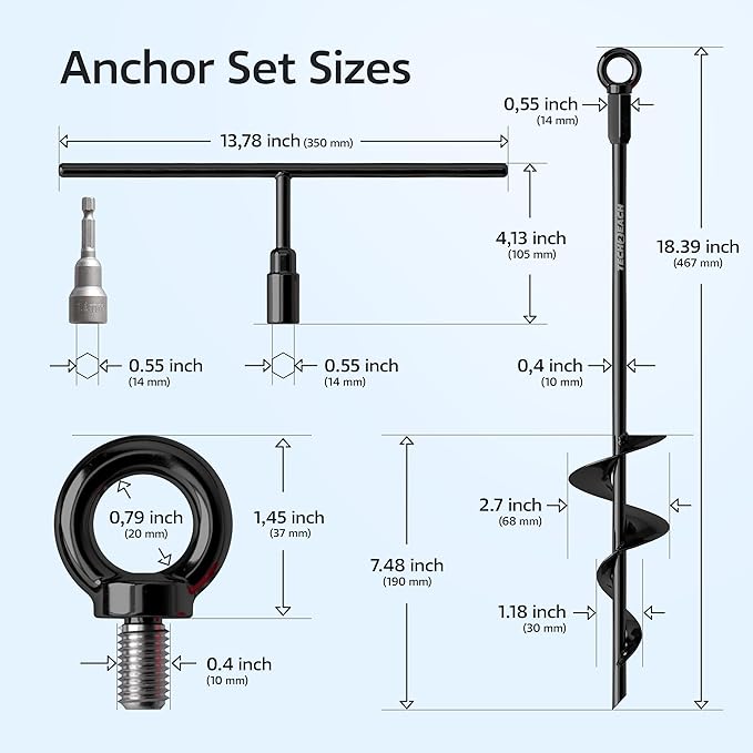 Ground Anchors Screw in 18 inch - Earth Anchor Heavy Duty Kit 8 Pack - Tie Down Swing Set Anchors - Auger Spiral Trampoline Stakes High Wind - Camping Carport Canopy Tent Stakes for Tree Shed Dog Sand