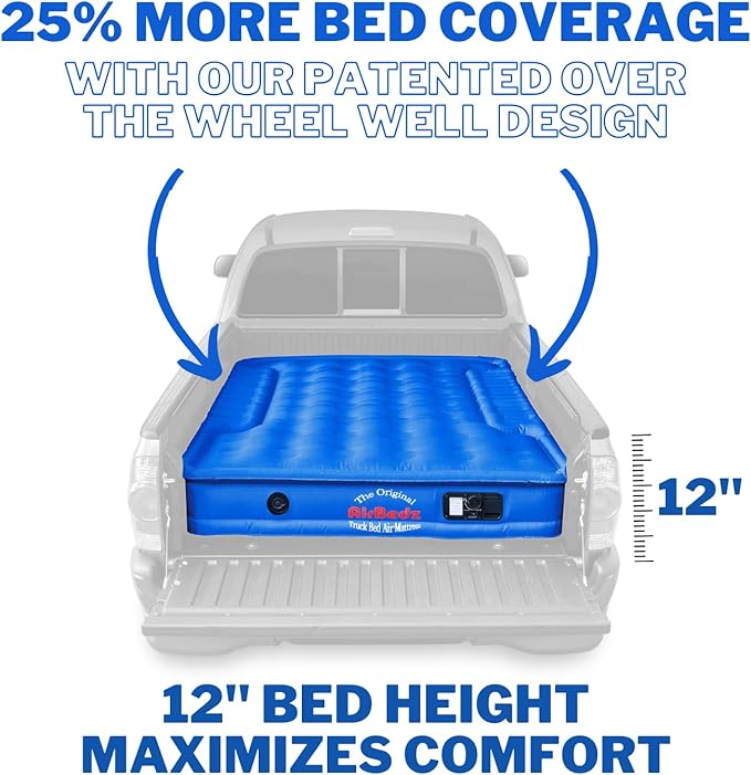 PITTMAN OUTDOORS AirBedz Mattress - Truck Bed Air Mattress, Full-Size, Long Bed, 8' Long, Built-in Rechargeable Battery Air Pump, Blue, Carry Bag, Patch Kit, 95" L x 63.5" W x 12" H