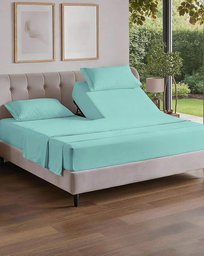 Flex Top Split Head King 4 Piece Sheet Set - Comfy Breathable & Cooling Bed Sheets Set - Hotel Luxury Bedding for Women, Men, Kids, Teens, Boys & Girls - Deep Pockets, Ultra-Soft - Oeko-Tex - Spa Blue