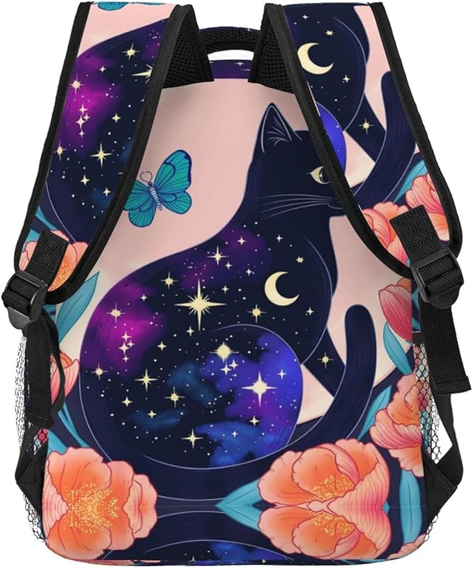 Polyester Daypack Backpack for Trekking Picnic Walking Cycling, Large Capacity Anti-Theft Multipurpose Shoulder Bag, Black Cat Flower Butterfly Starry Sky Dream Scene Art Casual Daypack