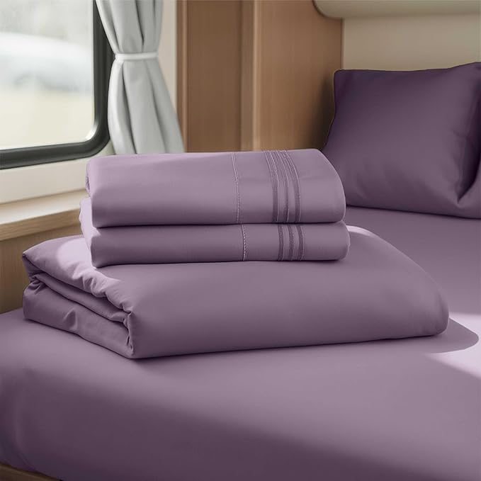 Hearth & Harbor Short Queen Sheets for RV, Purple RV Queen Sheets, Silky Soft 1800 Microfiber Bed Sheet for Camper, 4 Piece RV Bedding with Pillowcases