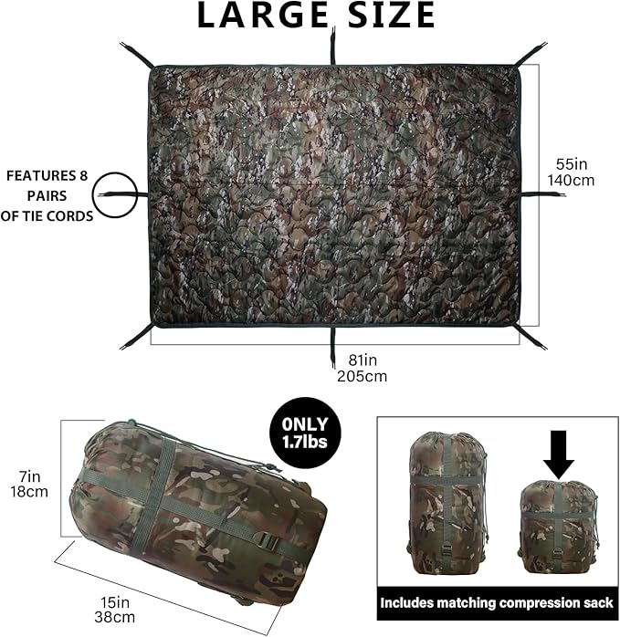 Camo Poncho Liner, Army Blanket, Military Sleeping Bag, with A Compression Carrying Bag, for Traveling, Hiking, Camping, Outdoor Survival, Car Blanket