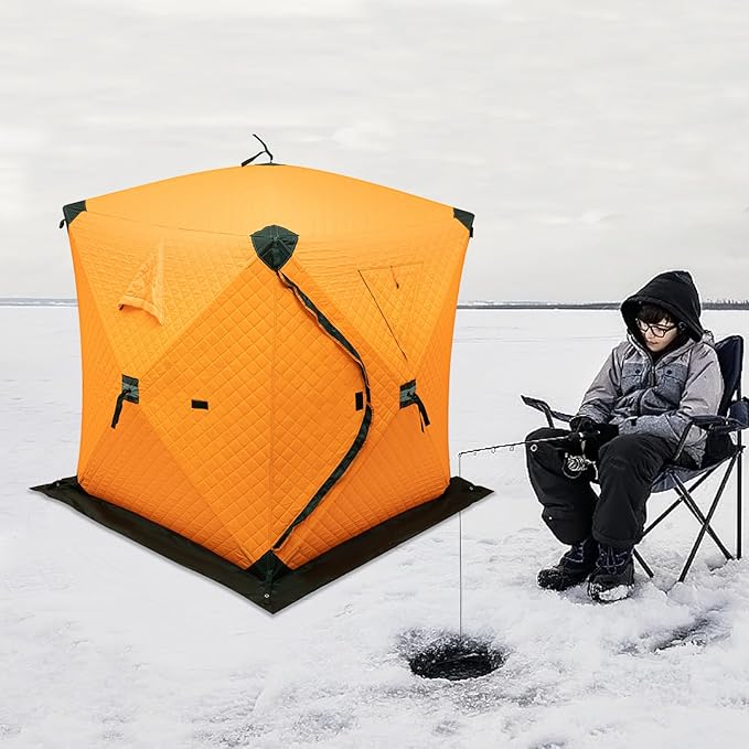 Portable 2 Person Ice Fishing Tent Insulated,Pop-up Hub-Style Ice Fishing Shelter w/Ice Nails, Thermal Ice Fishing Shanty Ice Fishing Gear for Ice Fishing