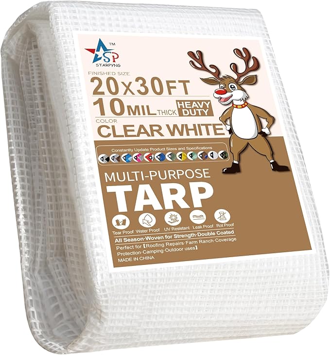 STARPYNG-10 Mil Clear/White 20X30 Feet Tarp-Heavy Duty Clear Mesh Tarp-Waterproof Tarp, UV Resistance,Greenhouse, Canopy, Tent, Yard and Outdoor Activities