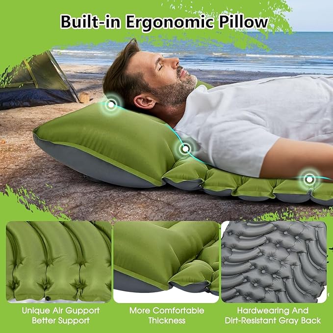 Inflatable Camping Sleeping Pad with Built-in Foot Pump & Pillow - Portable Lightweight Air Mattress for Backpacking, Hiking, Tent - Compact Travel Sleep Mat (Green)