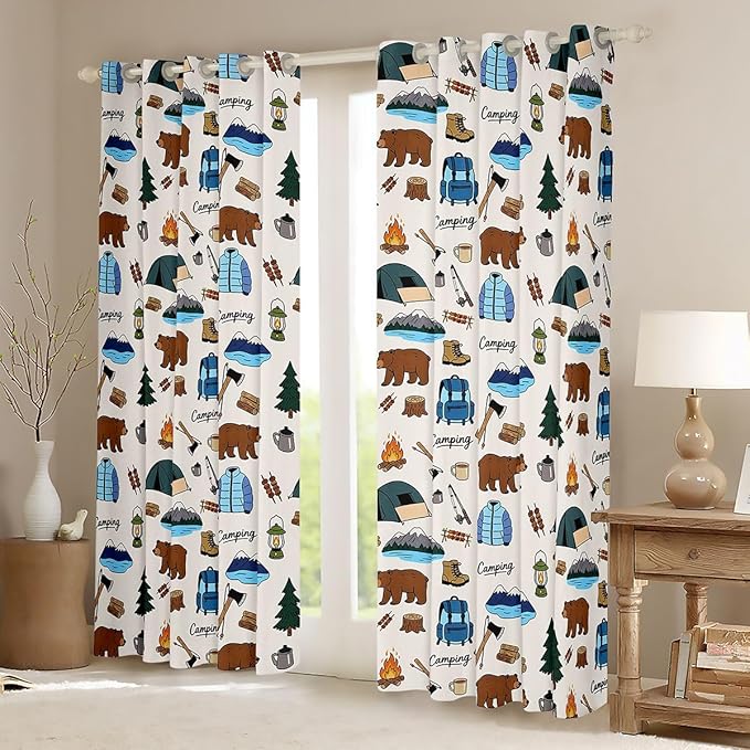 jejeloiu Camper Blackout Curtains Happy Camping Darkening Drapes for Bedroom Living Room Decor RV Camping Thermal Insulated Shades Wild Animal Window Treatments, 2 Panels 38 x 54 Inch