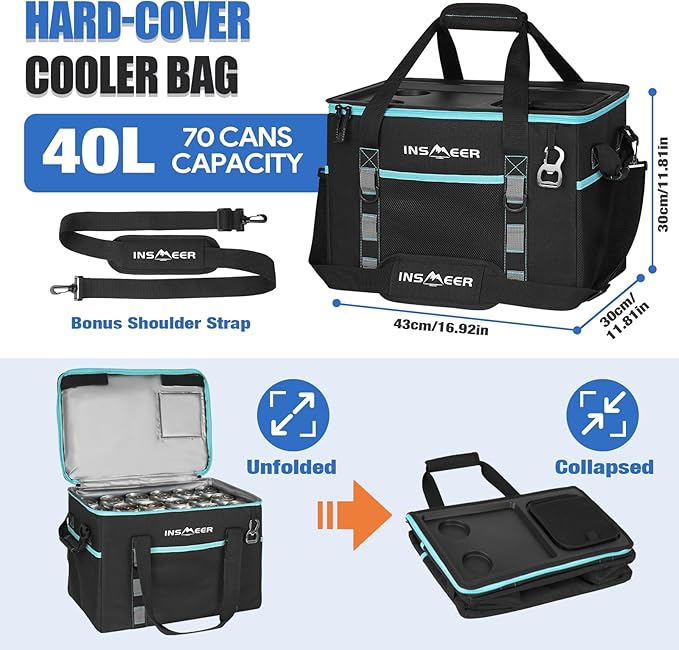 INSMEER Soft Cooler Bag with Hard Shell & 2 Cup Holders, Portable 40L/70 Cans Collapsible Cooler Bags Insulated with Leakproof for Travel, ice chests and Cooler Lunch Box for Beach Camping Picnic