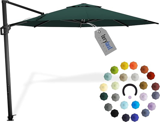 Midtown Umbrellas 10 Ft Outdoor Cantilever Patio Umbrella w/Terylast Forrest Dark Green Fabric - Tilt 360° Offset Patio Umbrella, Deck Patio Umbrella, Backyard Umbrella & Garden Umbrella - Black Frame