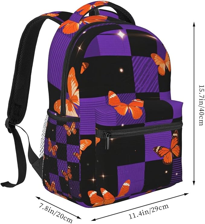 Men Women Polyester Butterflies Buffalo Plaid Purple Tartan Daypack Backpack Large Capacity Carry On Bag With Smooth Zippers for Hiking Picnic Walking Cycling