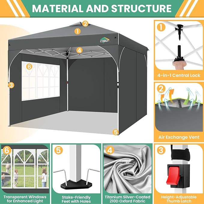 COBIZI 10x10 Pop up Canopy, Canopy Tent 10x10 with 3 Sidewalls, 1 Person Easy Set up, Tents for Parties, Outdoor Tent with Fluorescent Strip & 4 Sandbags, Waterproof, 3 Adjustable Height (Gray)