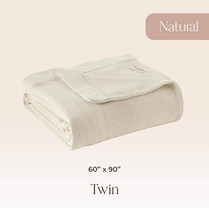 100% Organic Cotton Blanket - GOTS & Fairtrade Certified Organic Cotton Throw Blanket for Bed with Soft Warm & Breathable Single Knit Weave - Great as Bedspread or Coverlet (Natural, Twin)