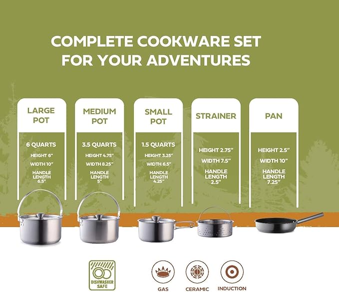 Camping Cookware Set 304 Stainless Steel 8-Piece Pots & Pans Open Fire Cooking Kit | Frying Pan Steamer with Travel Tote Bag | Compact for Outdoors & Indoors Kitchen Campfire Hiking RV