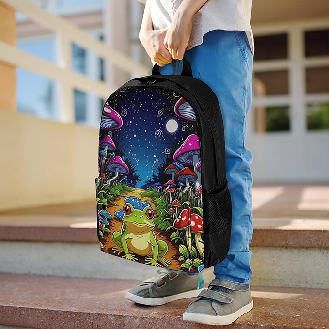 Supdreamc Men Women Lightweight Psychedelic Magic Mushrooms Frog Trippy Art Backpack Large Capacity Bookbag With Smooth Zippers for Gym Business Running