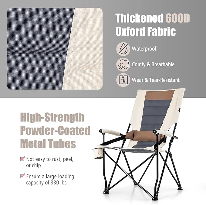 HAPPYGRILL Folding Camping Chair Set of 2, Portable Lawn Chair with Cup Holder & Carrying Bag, 330 LBS Folding Chair for Outside Fishing Travel Swimming Picnic
