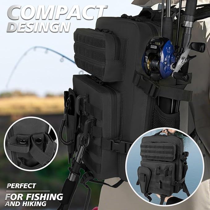 Small Tactical Fishing Tackle Backpack with Removable Plier Holder & Rod Holders Storage Fishing Gear and Equipment Tackle Bag 25l Lightweight Hiking Backpack Black without Tackle Boxes