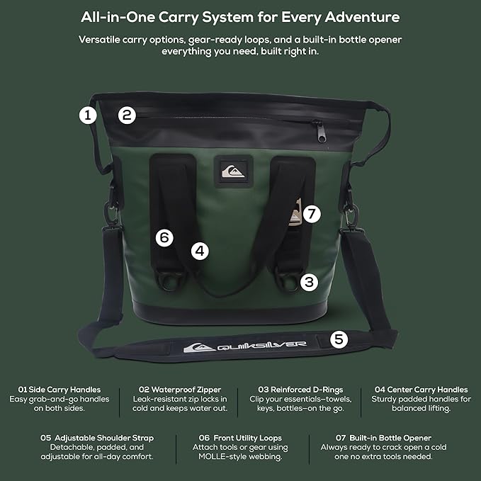 Quiksilver Zipperless Backpack Cooler 30L, Holds 36 Cans, 48 Hour Insulation, Leakproof & Waterproof Design, Heavy Duty TPU, IPX7, Padded Straps, Kangaroo Pockets
