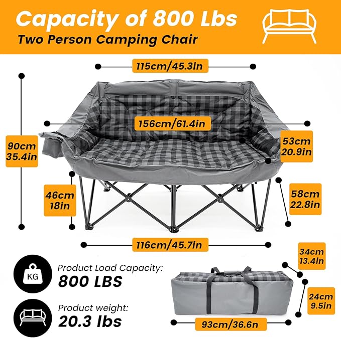 QUYUAN Double Camping Chair for Adult, Heavy Duty Folding Chair for 800lbs, Comfortable Lawn Chairs with Fully Padded, Camp Chairs for Outdoor Sports, Fishing, Concerts, Beach, Gray Camping Loveseat