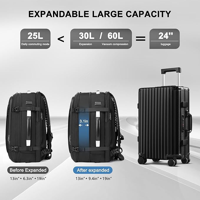Travel Backpack for Men, Anti-Theft Laptop Backpack 60L Expandable, Carry on Bag for Airplanes, High Tech Backpack with Charging Port for Laptop/Travel/Business/College/Camping, Non-Vacuum