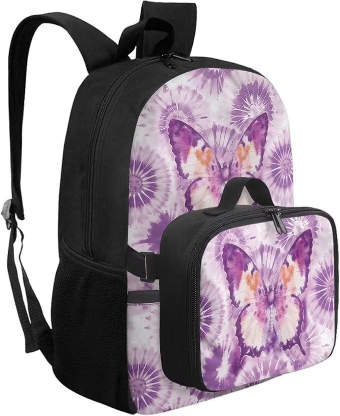 HUGS IDEA Purple Butterfly Backpack for School Girls Bookbag and Lunch Box for Kids 17 Inch Backpack Purse for Elementary Children Lightweight School Bookbag for Students