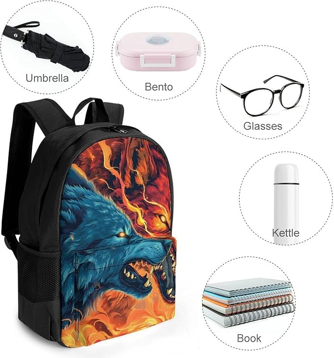 Supdreamc Lightweight Daypack for Camping Business Walking Cycling, Large Capacity Anti-Theft Multipurpose Bookbag, Ice And Fire Flaming Cool Wolf Art Gym Outdoor Hiking Backpack