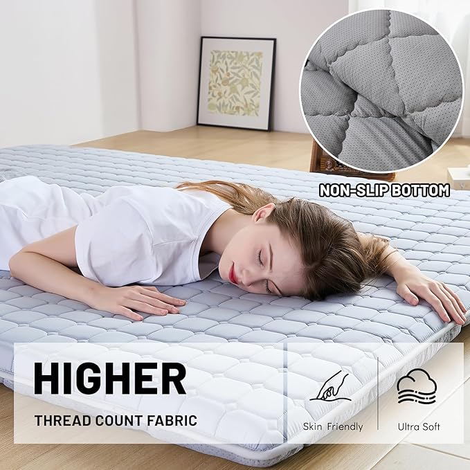 Japanese Floor Mattress Queen, Anti-Slip Japanese Futon Roll Up Tatami Mat for Guests, Grey