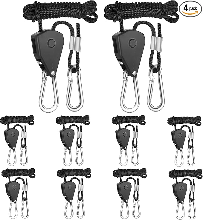 iPower 4-Pair 1/8 Inch Adjustable Rope Hanger, Heavy Duty Grow Light Hangers with Reinforced Metal Gears, 8Ft Long & 150lbs Weight Capacity for Growing Lamp, Inline Fan, Filters