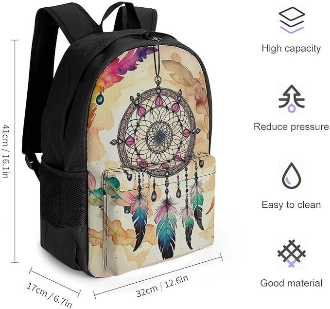 Polyester Daypack Bookbag for Gym Business Bicycle, Large Capacity Multipurpose Anti-Theft Carry On Bag, Vintage Dreamcatcher Travel Hiking Daypack