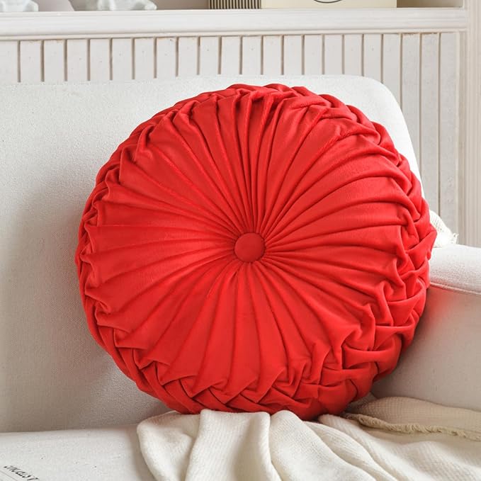 Round Throw Pillow Velvet Home Decoration Pleated Round Pillow Cushion for Couch Chair Bed Car Red