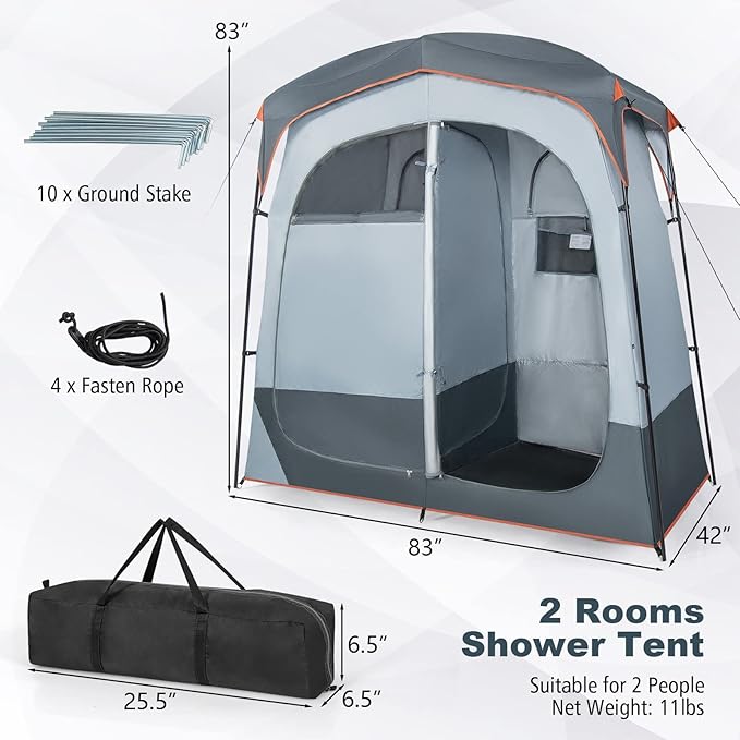 LDAILY Camping Shower Tent, 2 Room Instant Privacy Tent with Floor, Removable Rain Cover, Mesh Window, Inside Pocket and Clothesline, Portable Changing Room for Outdoor Toilet, Dressing