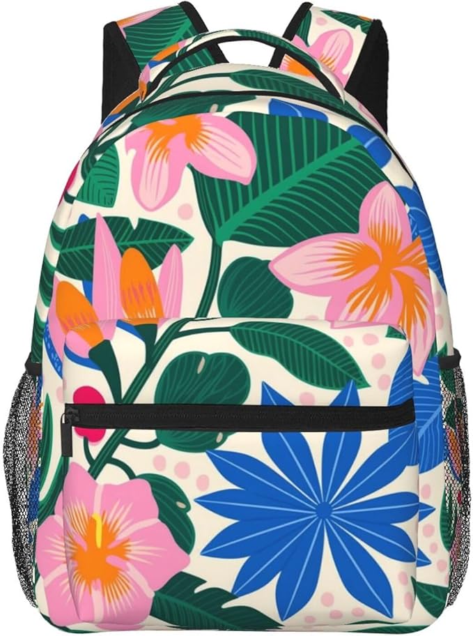 Daypack Anti-Theft Multipurpose Large Capacity Shoulder Bag, Abstract Colorful Plants And Flowers Travel Hiking Camping Rucksack With Smooth Zippers