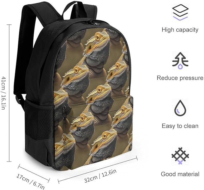 Men Women Lightweight Funny Bearded Dragon Lizards Art Daypack Bookbag Big Capacity Carry On Bag With Side Pockets for Camping Travel Bicycle