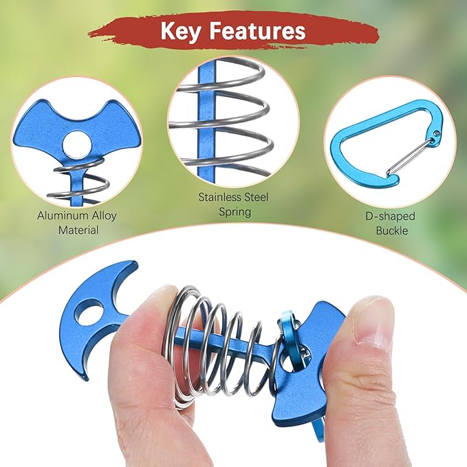 Fishbone Deck Anchor Pegs with Buckles [10PCS] - Aluminium Tent Stakes with Spring Buckle Use for Camping & Hiking - [Blue] Windproof Tie Down Tent Stakes