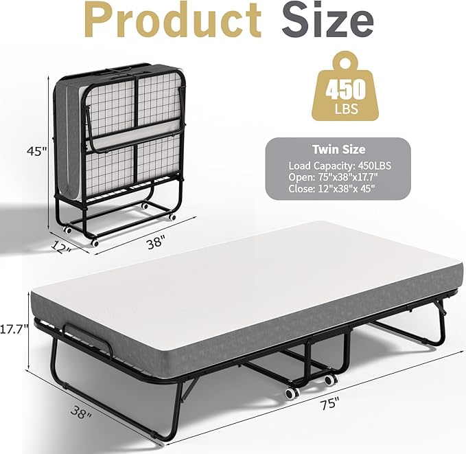 Folding Bed with Mattress for Adults,Roll Away Foldable Bed, Portable Rollaway Bed with 5-inch Memory Foam Mattress & Sturdy Metal Frame, Space-Saving Easy Storage,75"x 38"