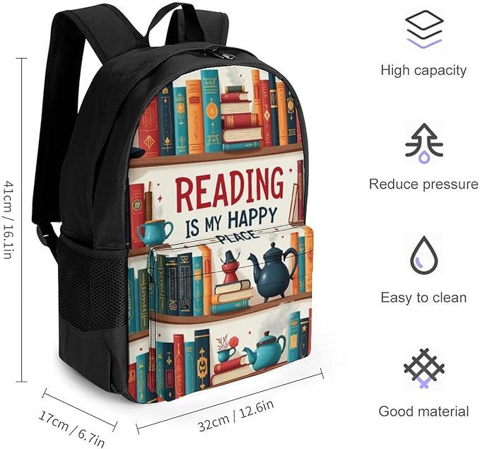 Supdreamc Men Women Lightweight Reading Is My Happy Place Book Lovers Casual Daypack Big Capacity Bookbag With Padded Straps for Gym Travel Walking Cycling