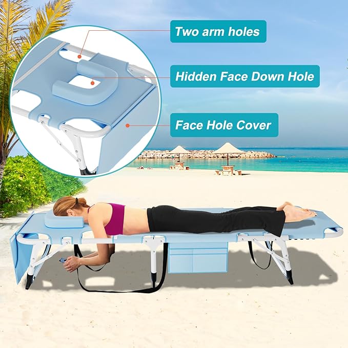 ABORON Folding Camping Cot W/Mat & Face Arm Hole for Adults, Adjustable Heavy Duty Outdoor Bed,1200 D Layer Oxford Travel Camp Cots for Beach, Pool, Lawn,Yard, Patio