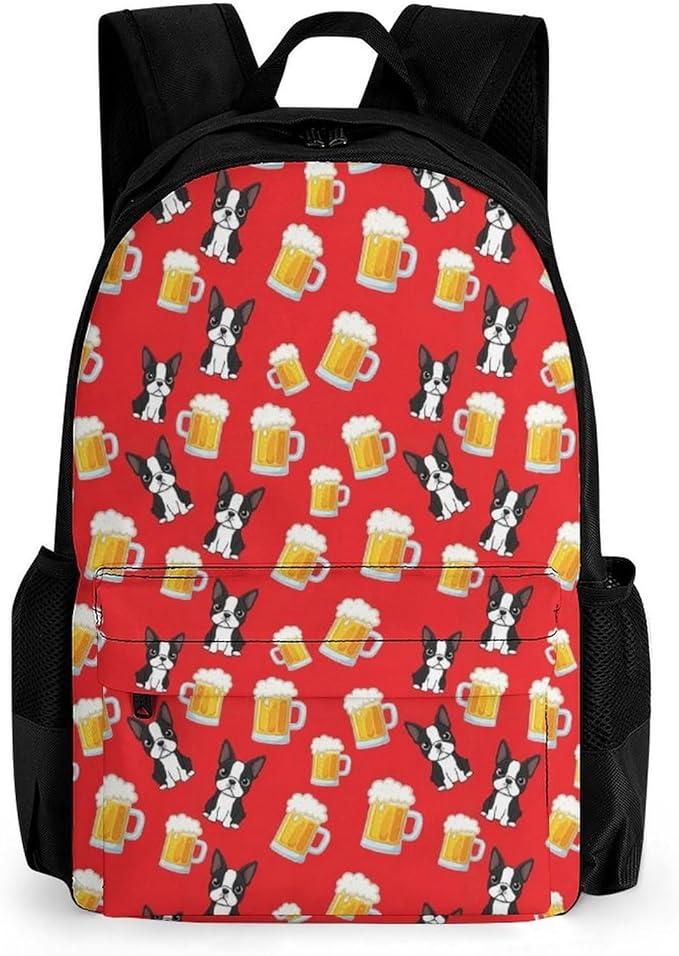 Supdreamc Polyester Daypack Backpack for Climbing Outdoors Running, Big Capacity Multipurpose Anti-Theft Bookbag, Happy New Year Boston Terriers Beer Red Travel Hiking Camping Rucksack