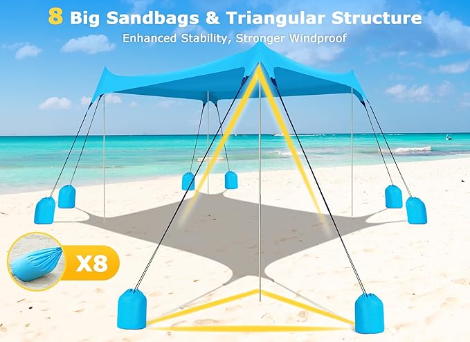 Gorich Beach Tent Sun Shelter with 8 Sandbags, UPF50+ Protection & Windproof Pop Up Beach Canopy Tent Sun Shade for Family, Travel & Camping, Easy Setup Canopy Umbrella