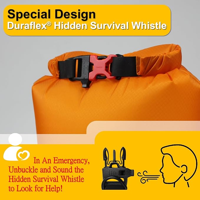 CORDURA Waterproof Dry Bag 20L – Heavy Duty IPX6 Roll Top Sack with Survival Whistle for Kayaking, Camping, Boating, Beach – Lightweight Dry Backpack (Orange)