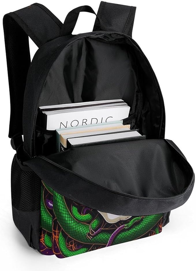 Backpack Polyester Anti-Theft Multipurpose Medusa Skull Green Snake Art Bookbag Large Capacity Laptop Book Bag Rucksack With Side Pockets