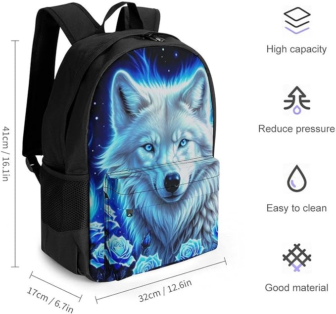 Daypack Backpack Polyester Anti-Theft Multipurpose White Galaxy Wolf With Blue Rose Bookbag Big Capacity Travel Hiking Camping Rucksack With Smooth Zippers