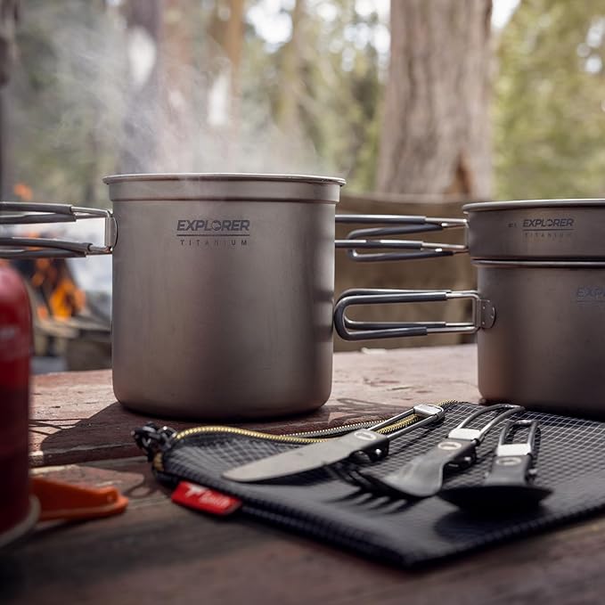 Explorer Bear Titanium Stackable Camping Cooking Pot Mess Kit Set