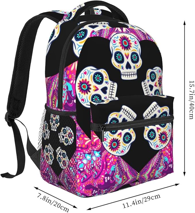 Men Women Lightweight Dead Sugar Skull Flowers Art Backpack Large Capacity Bookbag With Smooth Zippers for Gym Business Running