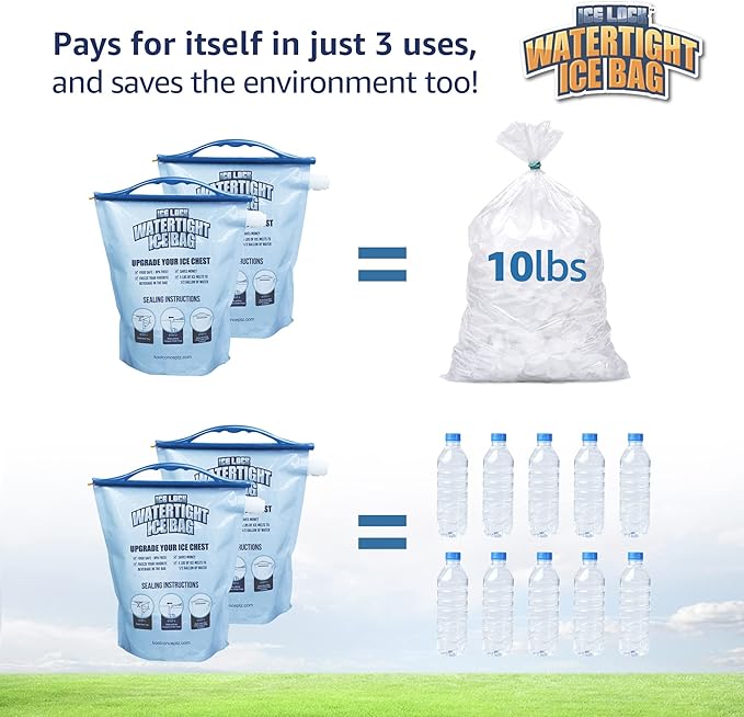 Large Leakproof Ice Bag. Reusable Ice Pack for Cooler - Long Lasting Instant Cooler Ice Packs - Drop in Cubed Ice to Make Cold, Dry Freezer Packs for Coolers - Drink Your Ice When It Melts